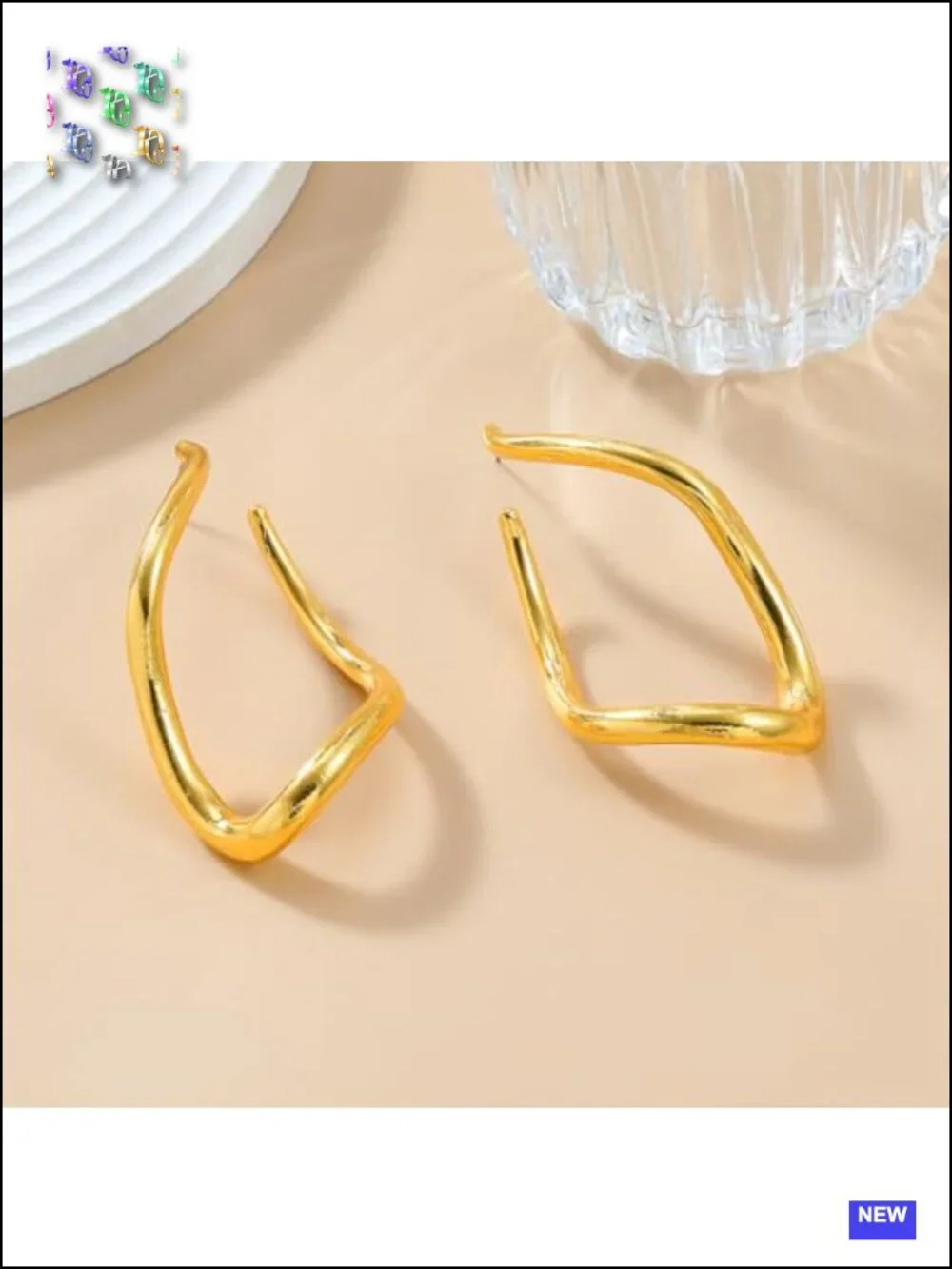 14K Gold Square Large Hoop Earrings Unique Twisted Rectangle Drop